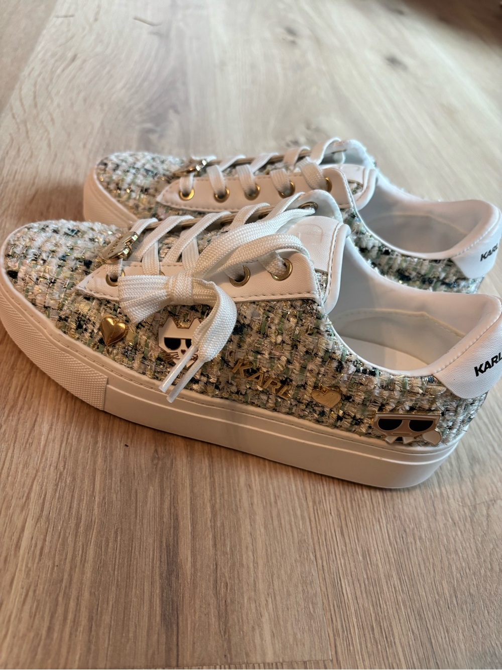 Karl Lagerfeld White Tweed Platform Espadrille Sneakers with Gold Accents